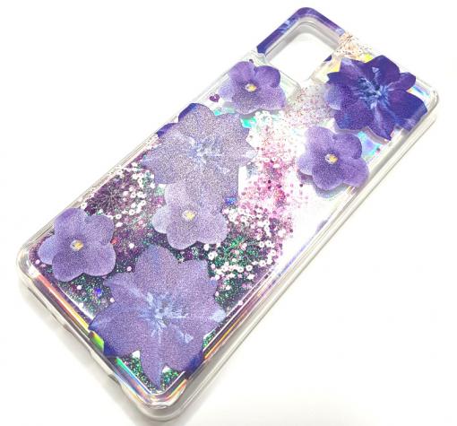 Луксозен гръб 3D Water Case за Apple iPhone 12 Pro Max 6.7" - течен гръб с брокат / прозрачен с лилави цветя — снимка 2