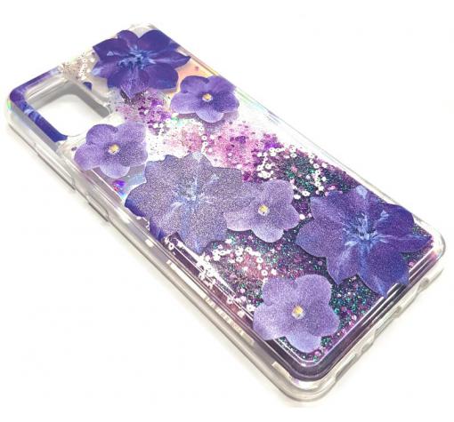 Луксозен гръб 3D Water Case за Apple iPhone 12 Pro Max 6.7" - течен гръб с брокат / прозрачен с лилави цветя