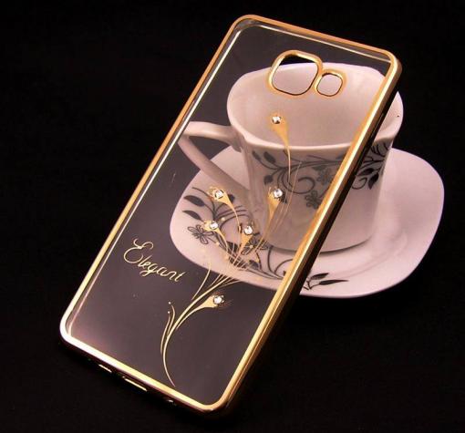 Луксозен силиконов калъф / гръб / TPU / Elegant с камъни за Samsung Galaxy A3 2016 A310 - прозрачен със златист кант / перо