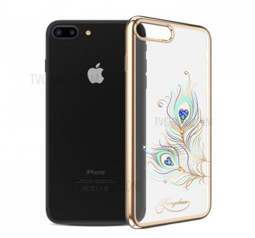 Луксозен твърд гръб KINGXBAR Swarovski Diamond за Apple iPhone 7 Plus / iPhone 8 Plus - прозрачен / златист кант / пауново перо