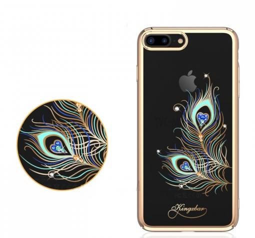 Луксозен твърд гръб KINGXBAR Swarovski Diamond за Apple iPhone 7 Plus / iPhone 8 Plus - прозрачен / златист кант / пауново перо — снимка 3