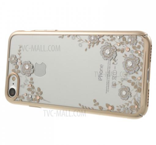 Луксозен твърд гръб KAVARO с камъни Swarovski за Apple iPhone 7 - прозрачен / бели цветя / златист кант — снимка 4