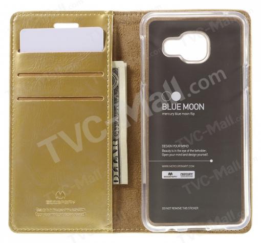 Луксозен кожен калъф със стойка MERCURY GOOSPERY за Samsung Galaxy A3 2016 A310 - златист / Blue Moon Flip — снимка 3
