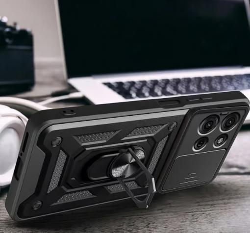 Удароустойчив гръб TPU кейс Slide Camera Case Magnetic Finger Ring Car Holder за Motorola Moto G75 - черен — снимка 2