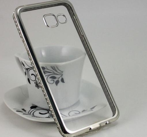 Луксозен силиконов калъф / гръб / TPU с камъни за Samsung Galaxy A3 2016 A310 - прозрачен / сребрист кант