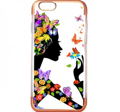 Силиконов калъф / гръб / TPU за Apple iPhone 6 / iPhone 6S - момиче с пеперуди / Rose Gold кант