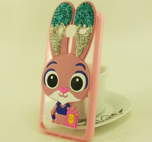 Луксозен твърд гръб 3D с камъни и силиконов кант за Samsung Galaxy J3 - Zootropolis / розов / зелени ушички — снимка 2