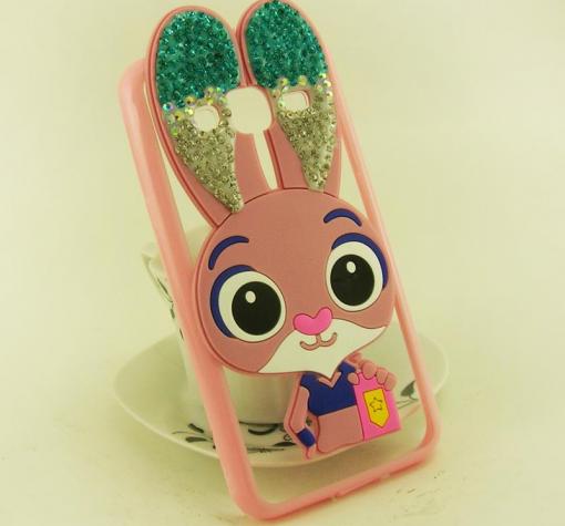 Луксозен твърд гръб 3D с камъни и силиконов кант за Samsung Galaxy J3 - Zootropolis / розов / зелени ушички