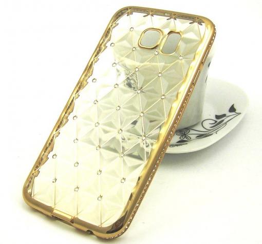 Луксозен силиконов калъф / гръб / TPU 3D с камъни за Samsung Galaxy S8 Plus G955 - прозрачен / ромбове / златист кант — снимка 2