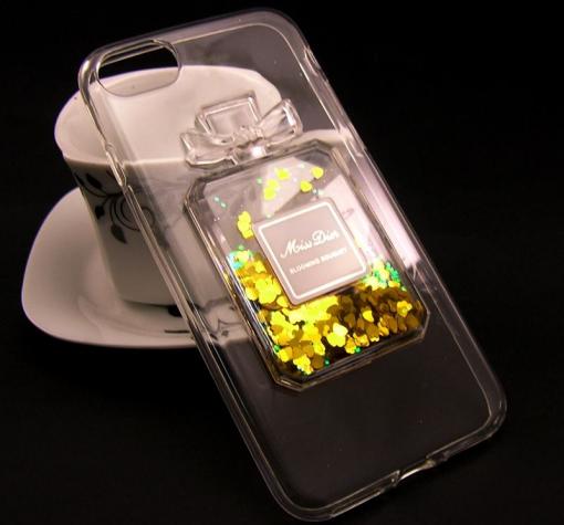 Луксозен силиконов калъф / гръб / TPU 3D за Apple iPhone 6 / iPhone 6S - прозрачен / парфюм / златисти сърца — снимка 2