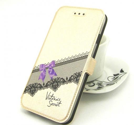 Кожен калъф Flip тефтер Flexi със стойка за Apple iPhone 7 - златист / лилава панделка / Victoria`s Secret