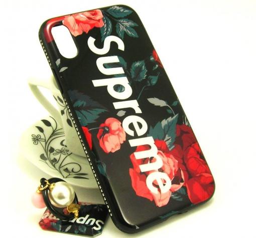 Луксозен твърд гръб със стойка за Apple iPhone X - черен / цветя / Supreme — снимка 2
