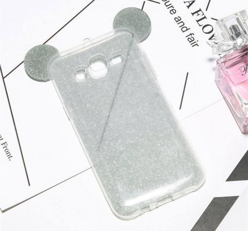Луксозен силиконов калъф / гръб / TPU 3D за Samsung Galaxy J3 2016 J310 - сив / брокат / миши ушички / 2в1