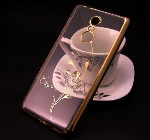 Луксозен силиконов калъф / гръб / TPU / Elegant с камъни за Xiaomi Redmi 5 Plus - прозрачен със златист кант / перо