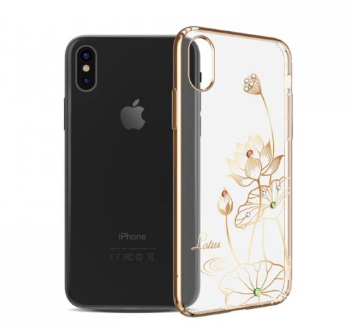 Луксозен твърд гръб KINGXBAR Swarovski Diamond за Apple iPhone X - прозрачен със златист кант / Lotus — снимка 2