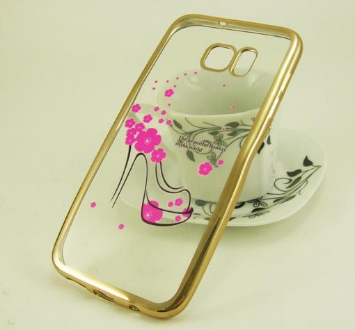 Силиконов калъф / гръб / TPU за Samsung Galaxy S7 Edge G935 - прозрачен /розова обувка / златист кант