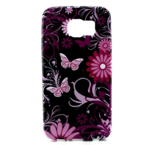Силиконов калъф / гръб / TPU за Samsung Galaxy S6 G920 - черен / розови цветя и пеперуди