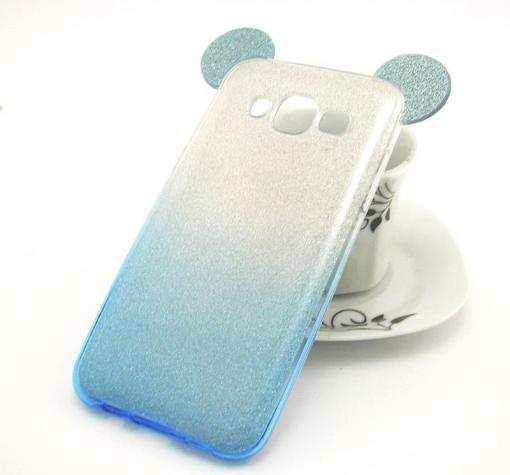 Луксозен силиконов калъф / гръб / TPU 3D за Samsung Galaxy J5 J500 - син / прозрачен / сив брокат / миши ушички / 2в1