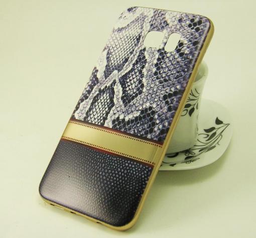 Силиконов калъф / гръб / TPU за Samsung Galaxy S7 Edge G935 - сив / змийска кожа / златист кант
