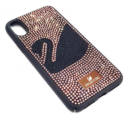 Луксозен твърд гръб Swarovski за Apple iPhone X - черен / Rose Gold камъни / Swan