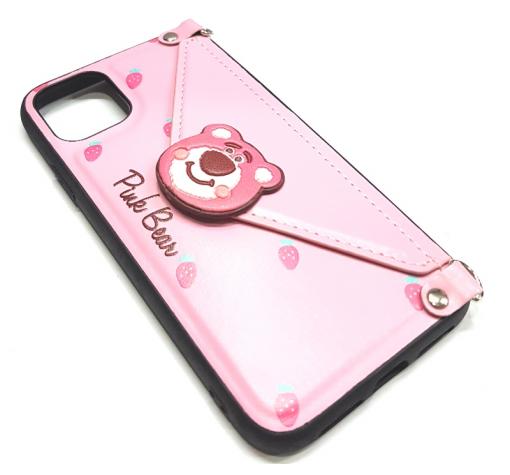 Луксозен силиконов гръб с джоб за Apple iPhone 11 6.1'' - розов / Pink Bear