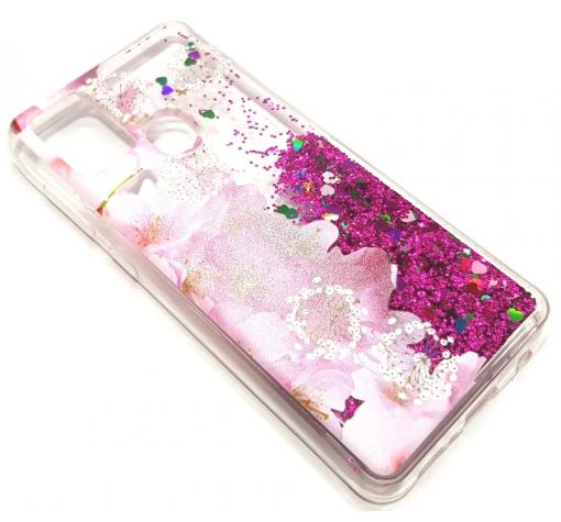 Луксозен гръб 3D Water Case за Samsung Galaxy A21s - течен гръб с розов брокат / огледален с розови цветя