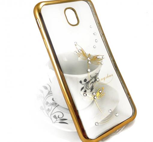 Луксозен силиконов калъф / гръб / TPU / Elegant с камъни за Samsung Galaxy J3 2017 J330 - прозрачен със златист кант / водно конче