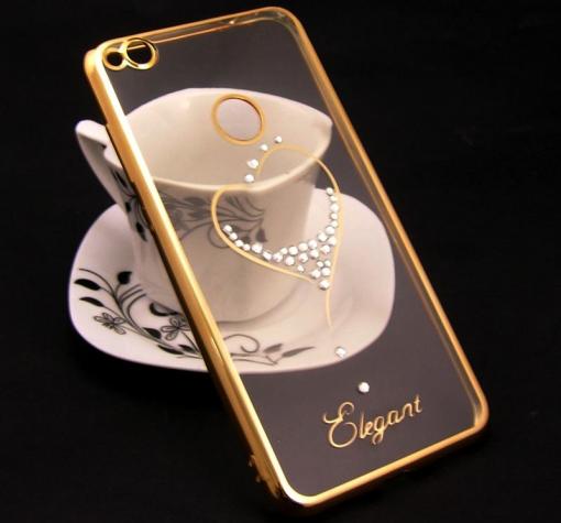 Луксозен силиконов калъф / гръб / TPU / Elegant с камъни за Huawei Honor 8 Lite - прозрачен със златист кант / сърце — снимка 2