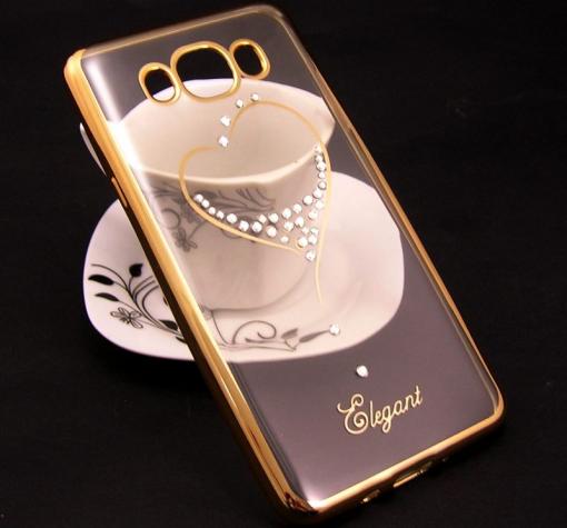 Луксозен силиконов калъф / гръб / TPU / Elegant с камъни за Samsung Galaxy J3 / J3 2016 J320- прозрачен със златист кант / сърце — снимка 2