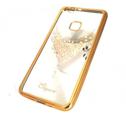 Луксозен силиконов калъф / гръб / TPU / Elegant с камъни за Huawei P10 Lite - прозрачен със златист кант / колие — снимка 2