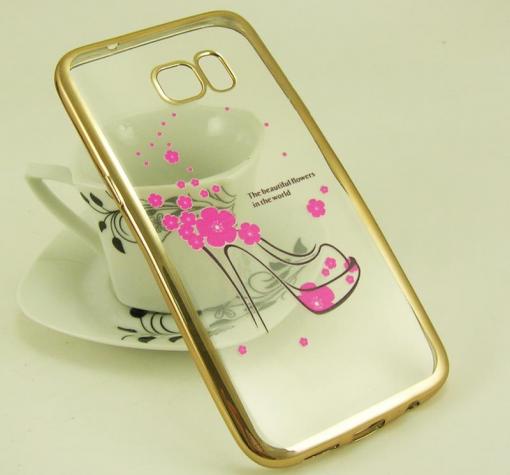 Силиконов калъф / гръб / TPU за Samsung Galaxy S7 Edge G935 - прозрачен /розова обувка / златист кант — снимка 2