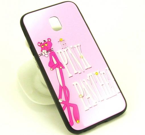 Луксозен стъклен твърд гръб със силиконов кант и камъни за Samsung Galaxy J3 2017 J330 - светло розов / The Pink Panther — снимка 2