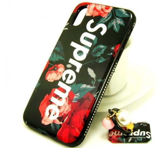 Луксозен твърд гръб със стойка за Apple iPhone X - черен / цветя / Supreme