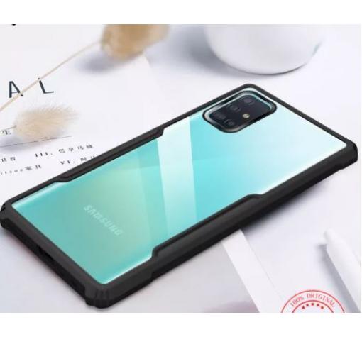 Луксозен твърд гръб Hybrid със силиконов кант за Samsung Galaxy A51 - прозрачен / черен кант