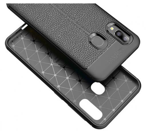 Луксозен силиконов калъф / гръб / TPU за Samsung Galaxy A20e - черен / имитиращ кожа — снимка 2
