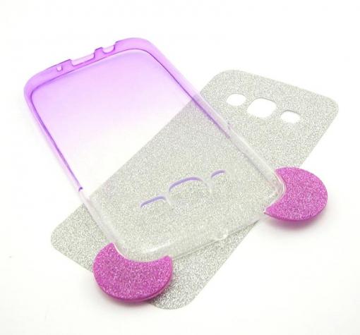 Луксозен силиконов калъф / гръб / TPU 3D за Samsung Galaxy J5 J500 - лилав / прозрачен / сив брокат / миши ушички / 2в1 — снимка 3