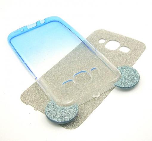 Луксозен силиконов калъф / гръб / TPU 3D за Samsung Galaxy J5 J500 - син / прозрачен / сив брокат / миши ушички / 2в1 — снимка 3