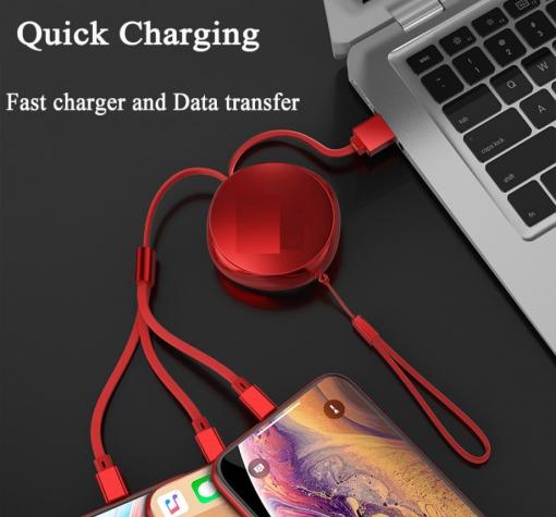 3in1 Retractable charging Cable DIVI / 3в1 кабел iPhone USB / Type C / рулетка 3.5A - червен — снимка 3