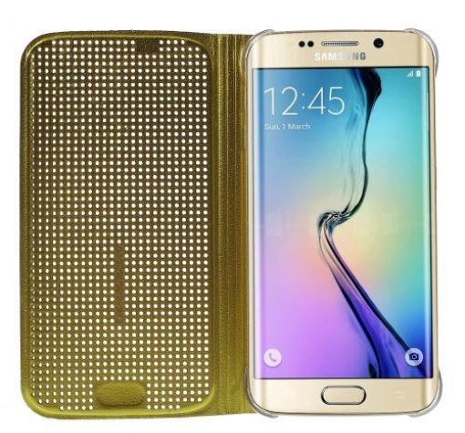 Луксозен кожен калъф / Dot View за Samsung Galaxy S6 Edge G925 - златен — снимка 3