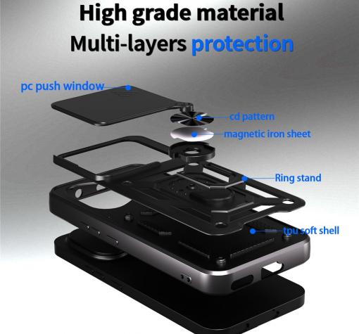 Удароустойчив гръб TPU кейс Slide Camera Case Magnetic Finger Ring Car Holder за Honor 400 5G - черен — снимка 3