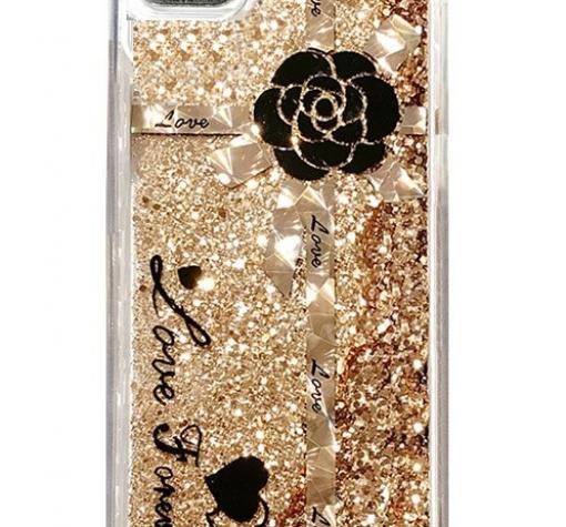 Луксозен твърд гръб 3D Water Case за Apple iPhone 6 / iPhone 6S - прозрачен / течен гръб със златист брокат / Black Rose