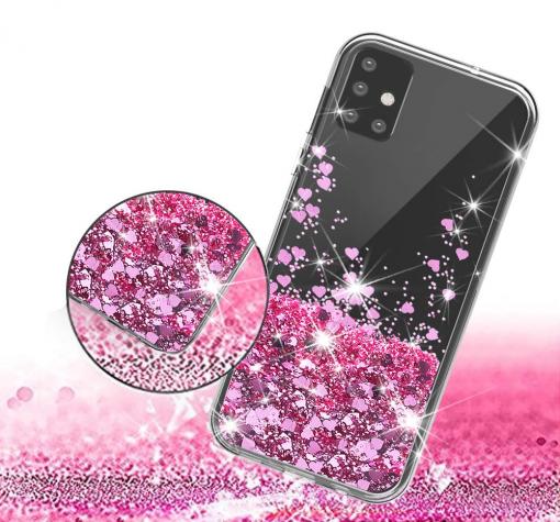 Луксозен твърд гръб 3D Water Case за Samsung Galaxy A21s - прозрачен / течен гръб с брокат / сърца / розов — снимка 2
