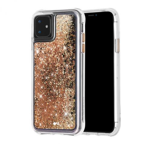 Луксозен твърд гръб 3D Water Case за Apple iPhone 11 6.1" - прозрачен / течен гръб с брокат / златист