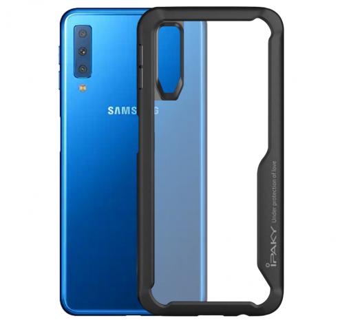Луксозен твърд гръб IPAKY за Samsung Galaxy A70 - прозрачен / силиконов черен кант