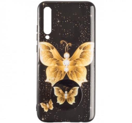 Луксозен силиконов калъф / гръб / TPU с Popsocket за Samsung Galaxy A7 2018 A750F - златна пеперуда / черен
