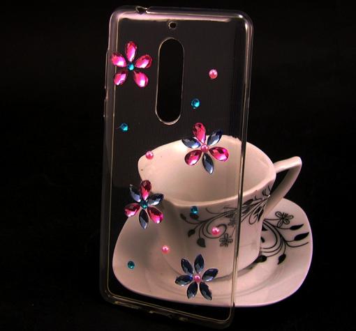 Луксозен силиконов калъф / гръб / TPU 3D с камъни за Nokia 5 2017 - прозрачен / цветя