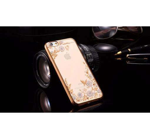 Луксозен силиконов калъф / гръб / TPU с камъни за Apple iPhone 6 / iPhone 6S - бели цветя / златист кант