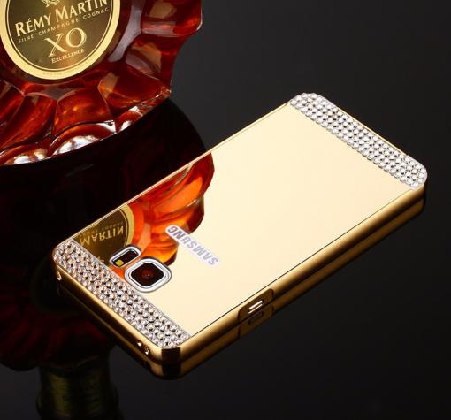 Луксозен алуминиев бъмпер с твърд гръб и камъни за Samsung Galaxy A3 2016 A310 - златист / огледален