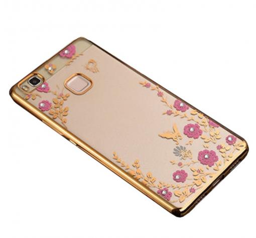 Луксозен силиконов калъф / гръб / TPU с камъни за Huawei P9 Lite - бели цветя / златист кант