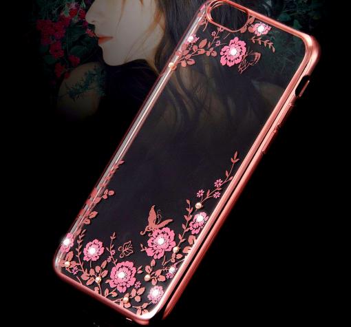 Луксозен твърд гръб KAVARO с камъни Swarovski за Apple iPhone 7 - прозрачен / розови цветя / Rose Gold кант — снимка 2